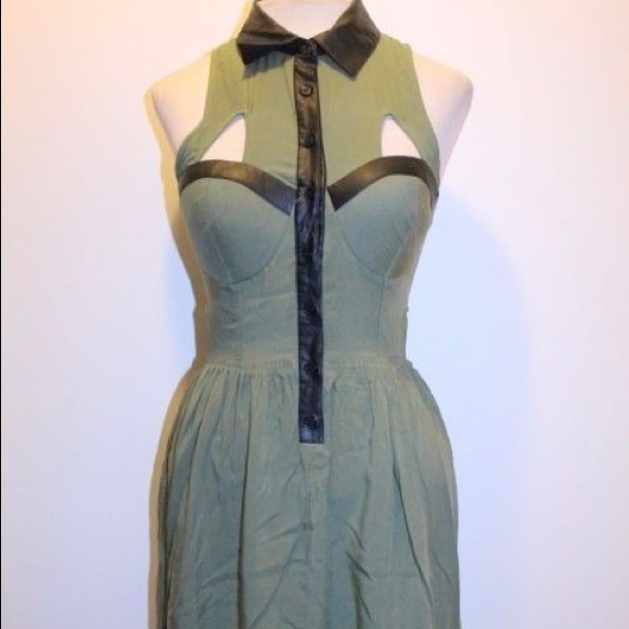 Olive Green Dress High Low Leather Details - Picture 1 of 5